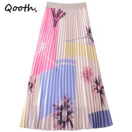 Qooth Printed Floral Chiffon Pleated Skirt High Waist Mid-length Fashion Elegant Skirt Summer Colour Match A-line Skirt QT725 210518