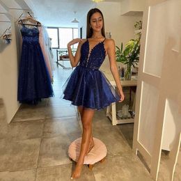 2022 Spaghetti Homecoming Dresses Sexy Sleeveless A Line Applique Lace Formal Evening Party Dress