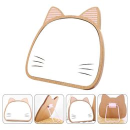 1 Pc Adjustable Makeup Wooden Cartoon Cat Table Cosmetic Mirror (Khaki)