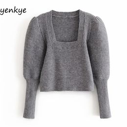 Fall Women Sweater Sexy Square Neck Puff Sleeve Vintage Solid Color Cropped Autumn Pullover jumper 210514