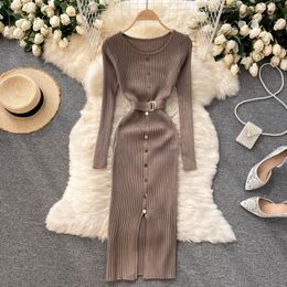 New design women's autumn casual long sleeve o-neck single breasted with belt sashes knitted bodycon tunic vent jag pencil dress