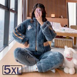 5XL Winter Women's Warm Home Clothes Sleepwear Ladies Flannel Thick Coral Fleece Cute Cartoon Pajamas Large Size Woolen Pijama 211211