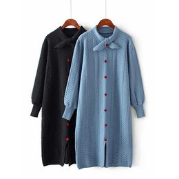 PERHAPS U Knitted Blue Black Beige Button Bow Collar Midi Sweater Dress Autumn Elegant Long Puff Sleeve Stragiht D1368 210529