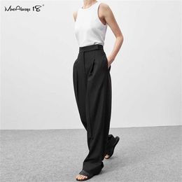 -MneAlways 18 primavera verão preto senhoras escritório calças mulheres cintura alta calças bolsos feminino plissado perna larga sólida 220120