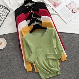 Winter Sweater Women Clothing Long Sleeve Solid Knitted V-Neck Pullovers Tops s E500 210426