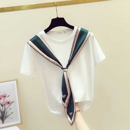 Summer Korean Casual Fashion Loose Silk Scarf Stitching T-shirt Elegant Style Tie Short-sleeved Female 210615