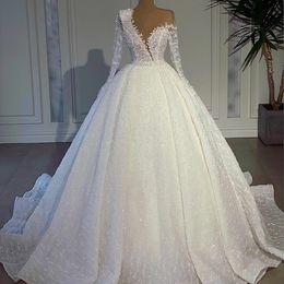 A Line Beaded Wedding Dresses Sheer Neck Lace Long Sleeve Bridal Gowns Arabic Dubai Sequined Plus Size vestido de novia