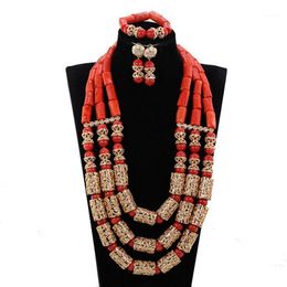 Earrings & Necklace Luxury Wedding Real Coral Beads Nigerian Jewelry Set African Traditional Statement Women Gold CNR172