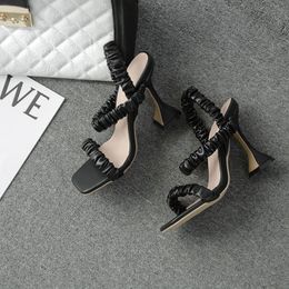 Women Sandals Square Peep Toe Pleated Black White Super High Heel Front Rear Strap Summer New Comfortable Beautiful Shoes