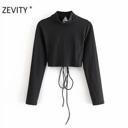 ZEVITY Women sexy backless bandage black short T-shirt female chic stand collar bottom slim T shirts leisure lace up tops S381 210419
