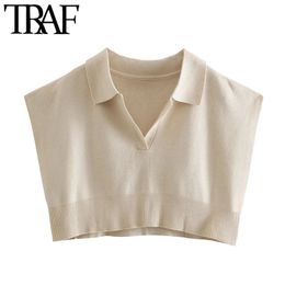 TRAF Women Fashion With Ribbed Trims Cropped Knitted Sweater Vintage Lapel Collar Sleeveless Female Pullovers Chic Tops 210415