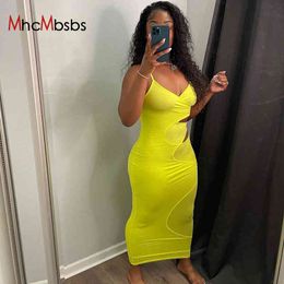 Women Sexy Sling Strap Bodycon Midi Dress Double Layer Cut Out Slim Yellow Sundress Summer Club Party Beach Holiday Outfits 210517