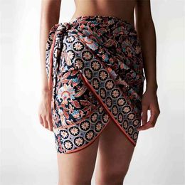 WXWT Za Women Boho Style Positioning Print Skirts Faldas Mujer Knot Decoration Female High Street Mini Skirt BB1529 210629