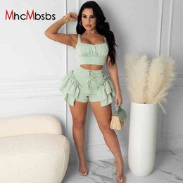 Two Piece Set Women Square Collar Ruched Solid Sexy Crop Tops Club Slim Cropped Off Shoulder Tank Ruffle Fake Skirt Shorts 210517