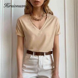 Hirsionsan 100% Cotton Summer T Shirt Women Soft Short Sleeve V Neck Female Tees Basic Kintwear Tops Harajuku Tshirt for Ladies 210720