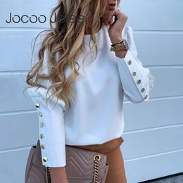Jocoo Jolee Women Metal Buttons Long Sleeve Blouse Office Lady Shirt Casual Pineapple Print Tops Plus Size Casual Loose Blouses 210619