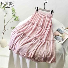 Chiffon Pleated Skirt Solid Office Elastic High Waisted A Line Maxi White s Summer Long s for Women 9937 210508