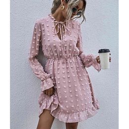 Women Pompon Ruffles Long Sleeve Lace-Up Dress Spring Ladies Solid V Neck A-Line Tunic Dress Office Casual Mini Vestidos 210416