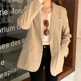 Female Vintage Autumn Notched Collar Plaid Women Blazer Breasted Jacket Casual Pockets Womens Coat Blazers Suits 210417