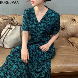 Korejpaa Women Dress Summer Korean Chic Retro Gentle V Neck Print Floral Design Tie Waist Slim Short Sleeved Long Vestido 210526