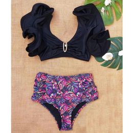 Bikinis Set 2021 Swiming Suits Women Two-Pieces Swimsuit High Waist Black Beachwear Biquini Push-up Padded Bra Ruffles Women's Swimwear