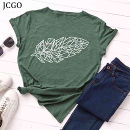 JCGO Summer Women T Shirt Plus Size 5XL Cotton Leaf Plant Print Woman Tshirts Female Short Sleeve Casual Oversized Tops Tees 210401