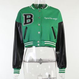 Women's Jackets 2021 European And American Coat Color Matching Printed Leather PU Sleeve Baseball Uniform Short Green