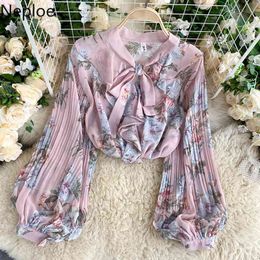 Neploe Floral Women Blouses Bow Tie Collar Lantern Long Sleeve Blusas Mujer Shirt Summer Korean Elegant Woman Chiffon Tops 210410