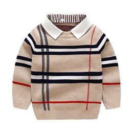 1-8T Toddler Kid Boy Clothes Autumn Winter Warm pullover Top Long Sleeve Plaid Sweater Girl Fashion Knitted Gentleman Knitwear 211201