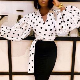 Women White Blouse Polka Dot Long Lantern Sleeve V Neck with Sashes Elegant Office Ladies Classy Tops Shirt Bluas Plus Size XXL 210416