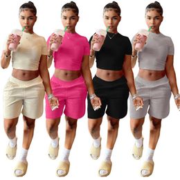 Womens Tracksuits Solid Colour Round Neck Sexy Crop Top And Casual Shorts Sweatsuits Summer Arrival Two Piece Set Women Jogger Suits