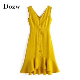 Solid V Neck Midi Dress Women Ruffles Sleeveless Beach Summer Hollow Out Backless Stylish Chic Vestido De Festa S-L 210515