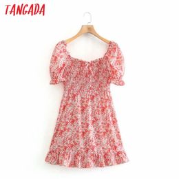 Summer Women Red Floral Beach Square Neck Short Sleeve Ladies Mini Dress Vestidos XN334 210416