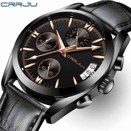 CRRJU Men Military Watches Male Black dial Business quartz watch Men's Leather Strap Waterproof Clock Date Multifunction Watches 210517