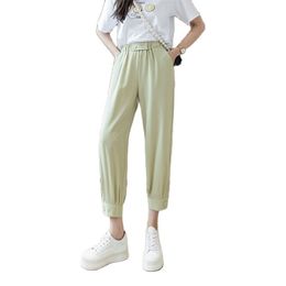 Women's casual pants summer elastic waist candy color button decoration harem chiffon wide leg trousers 210520