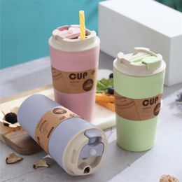 Coffee Mug Travel Portable With Straw Tea Wheat Cup Office LeakProof Milk Creative Gifts Couple 210423