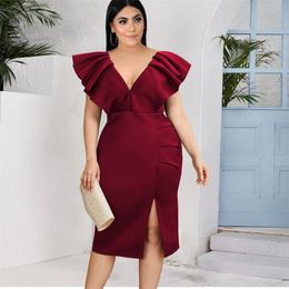 Deep V Neck Slit Plus Size Dresses 4XL 5XL Women Fashion Bodycon Ruffles Sleeve Pleated Evening Birthday Party Gowns Summer 210527