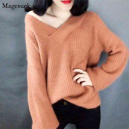 Long Sleeve Loose Knitted Off Shoulder Sweater Women V-Neck Pullover Female Autumn Winter Retro Jumper 11617 210512