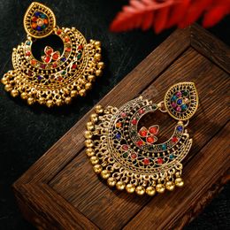 Classic Gold Color Turkish Indian Jhumka Dangle Earrings Women's Vintage Flower Crystal Beads Tassel Earring Oorbellen