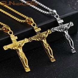 Pendant Necklaces SUNNERLEES Jewelry Stainless Steel Jesus Christ Cross Necklace Silver Color Gold Plated Link Chain Men Women Gift SP43
