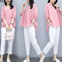 Cotton Linen Two Piece Sets Outfits Women Plus Size Spring Autumn V-neck Tops And Pants Suits Casual Korean Vintage 2 210518