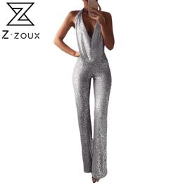 Women Jumpsuit Silver Sequined Sleeveless Straight Rompers Womens V Neck High Waist Loose Long Sexy s 210513