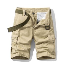 Summer Men's Baggy Multi Pocket Military Cargo Shorts Male Cotton Khaki Mens Tactical Short Pants 30-38 No Belt 210806