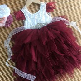 Princess kids feather dress 1st birthday party toddler girls lace flying sleeve Xmas long with sashes 210529