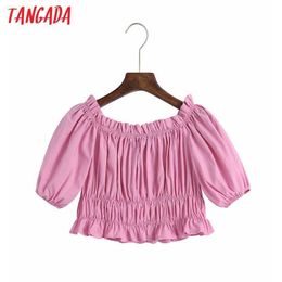 Tangada Women Retro Pink Pleated Off Shoulder Romantic Blouse Shirt Summer Short Sleeve Chic Female Shirt Tops 6Z28 210609