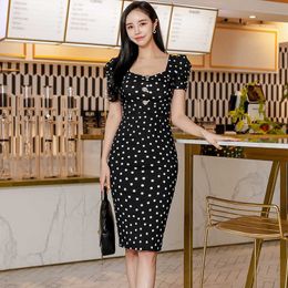 Korean Style Office Lady Pencil Dress Square Neck Slim Dot Print Bag Hip Work Wear Fashion Casaul Party Women 210529