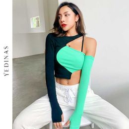Yedinas Colour Contrast Patchwork Cropped Tops Women Long Sleeve Sexy Slim T Shirts Off Shoulder Irregular Tee Shirt Chic Design 210527