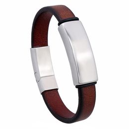 Polished Crafts Charms Stainless Steel Magnetic Clasp Connector Bracelet Vintage Dark Brown Genuine Leather Men Punk Jewellery