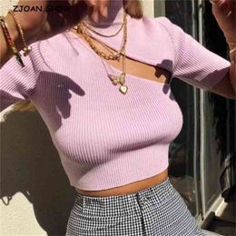 Sexy Front Hollow out Slit Knitted Short sleeve Turtleneck T-shirt Woman Stripe line t shirt Exposed navel tee Tops 210429