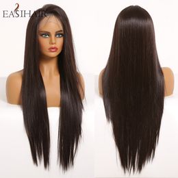 Long Straight Dark Brown 13*4 Lace Front Wigs for Women Natural Hair Lace Frontal Wig Heat Resistant Silk Soft Hairfactory direct